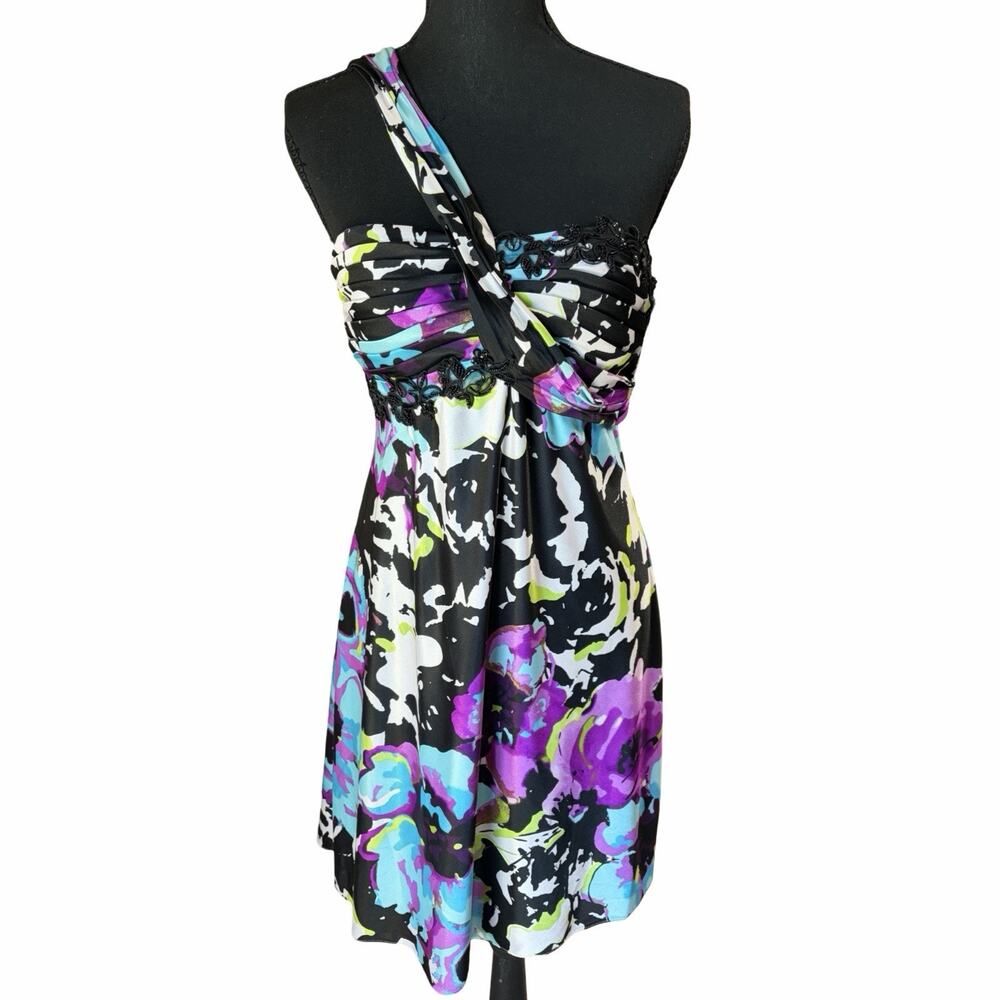 Morgan & Co Size M Y2K One Shoulder Floral Ruched Lace Cocktail Party Dress